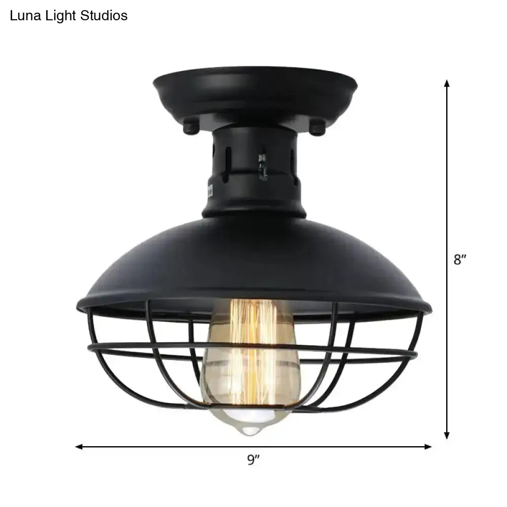 Loft Style Black Metal Semi Flush Ceiling Light With Cage Bottom