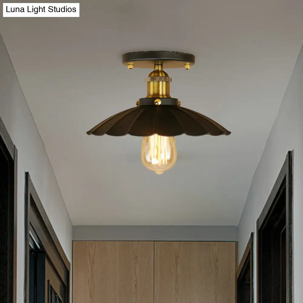 Loft Style Black Scalloped Edge Semi Flush Mount Light - 2 Lights Metal Ceiling Mounted Indoor