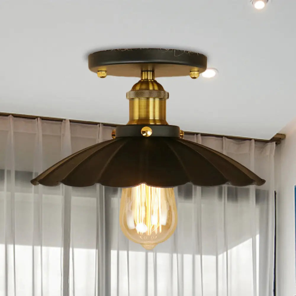 Loft Style Black Scalloped Edge Semi Flush Mount Light - 2 Lights Metal Ceiling Mounted Indoor