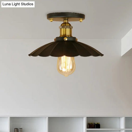 Loft Style Black Scalloped Edge Semi Flush Mount Light - 2 Lights Metal Ceiling Mounted Indoor