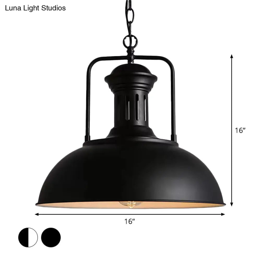 Loft Style Black/Black-White Metallic Hanging Lamp With Arm - 1-Bulb Bowl Drop Pendant Vented Socket