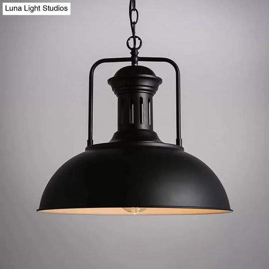 Loft Style Black/Black-White Metallic Hanging Lamp With Arm - 1-Bulb Bowl Drop Pendant Vented Socket