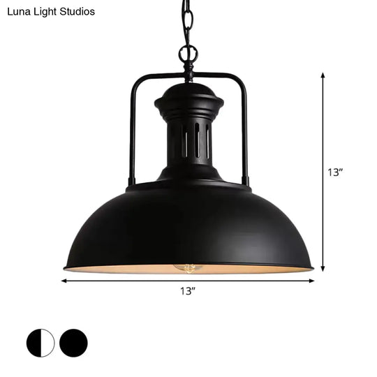 Loft Style Black/Black-White Metallic Hanging Lamp With Arm - 1-Bulb Bowl Drop Pendant Vented Socket