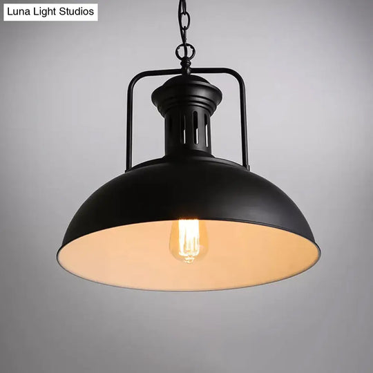 Loft Style Black/Black-White Metallic Hanging Lamp With Arm - 1-Bulb Bowl Drop Pendant Vented Socket