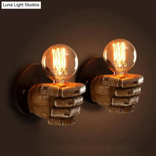 Loft Style Brown Fist Wall Lamp: Resin Sconce Light For Living Room