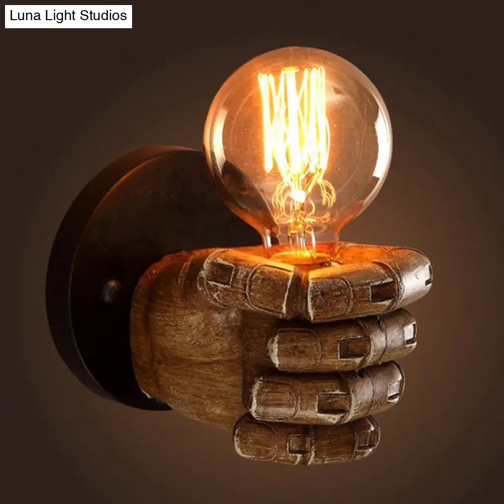 Loft Style Brown Fist Wall Lamp: Resin Sconce Light For Living Room