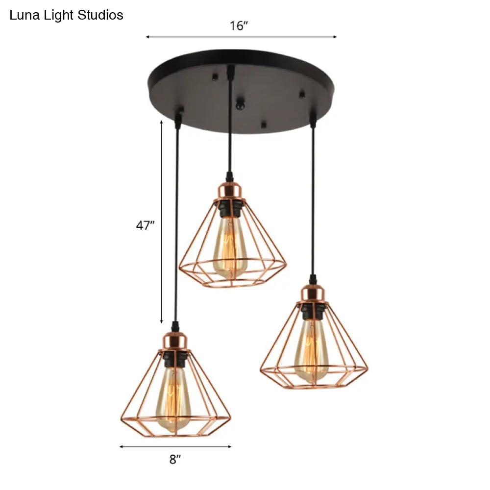 Loft Style Copper Diamond Caged Pendant Lamp - 3 Lights Black Finish