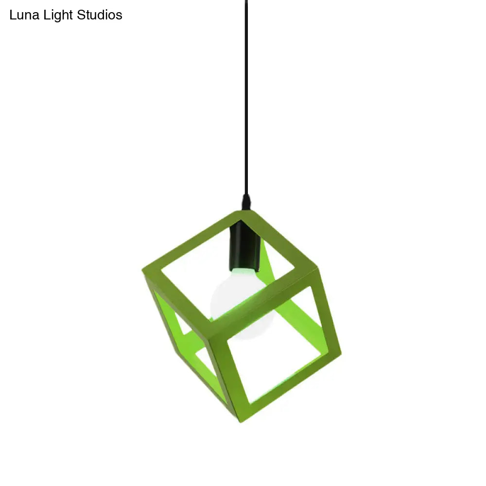 Loft Style 1-Light Hanging Lamp With Cubic Metal Cage Shade - Red/Blue/Green Pendant For Dining Room