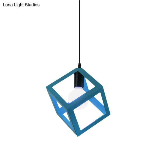 Loft Style 1-Light Hanging Lamp With Cubic Metal Cage Shade - Red/Blue/Green Pendant For Dining Room