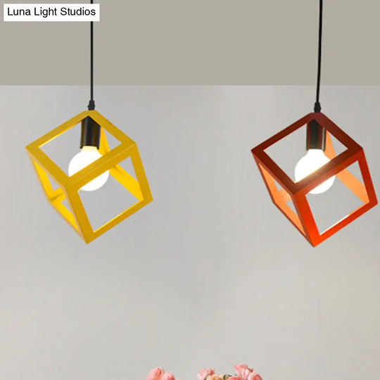 Loft Style 1-Light Hanging Lamp With Cubic Metal Cage Shade - Red/Blue/Green Pendant For Dining Room