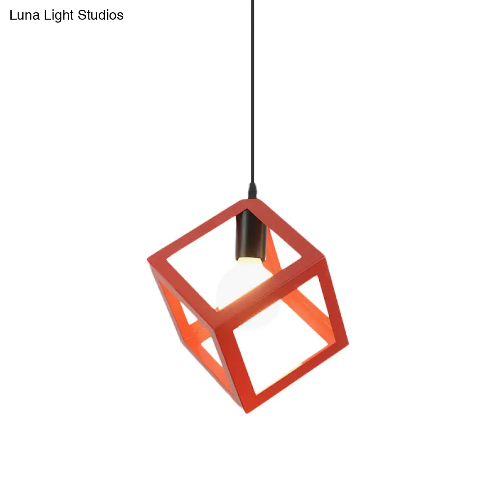 Loft Style Cubic Cage Pendant Light With Colorful Shades For Dining Room