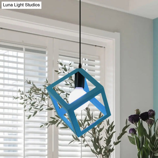 Loft Style 1-Light Hanging Lamp With Cubic Metal Cage Shade - Red/Blue/Green Pendant For Dining Room