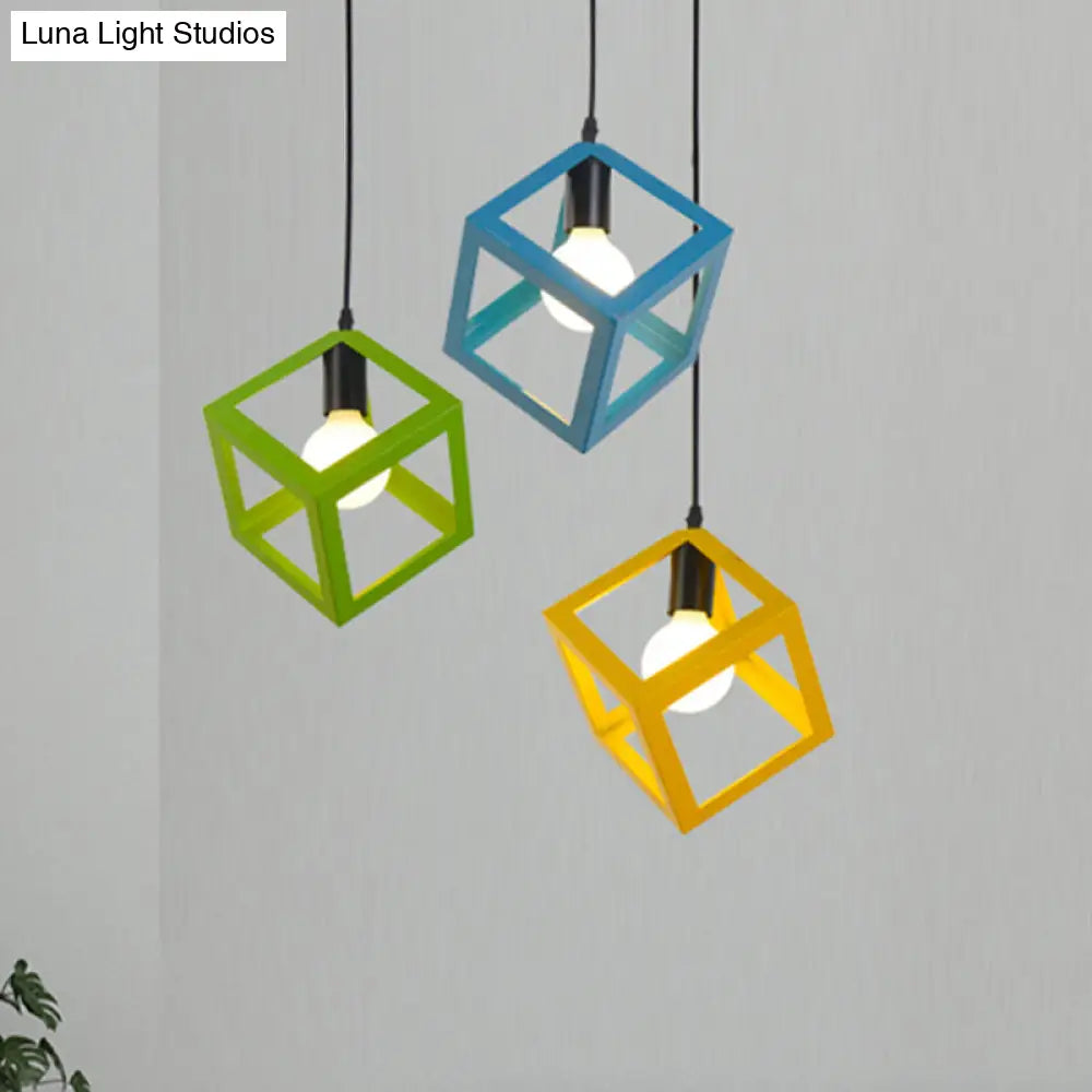 Loft Style 1-Light Hanging Lamp With Cubic Metal Cage Shade - Red/Blue/Green Pendant For Dining Room