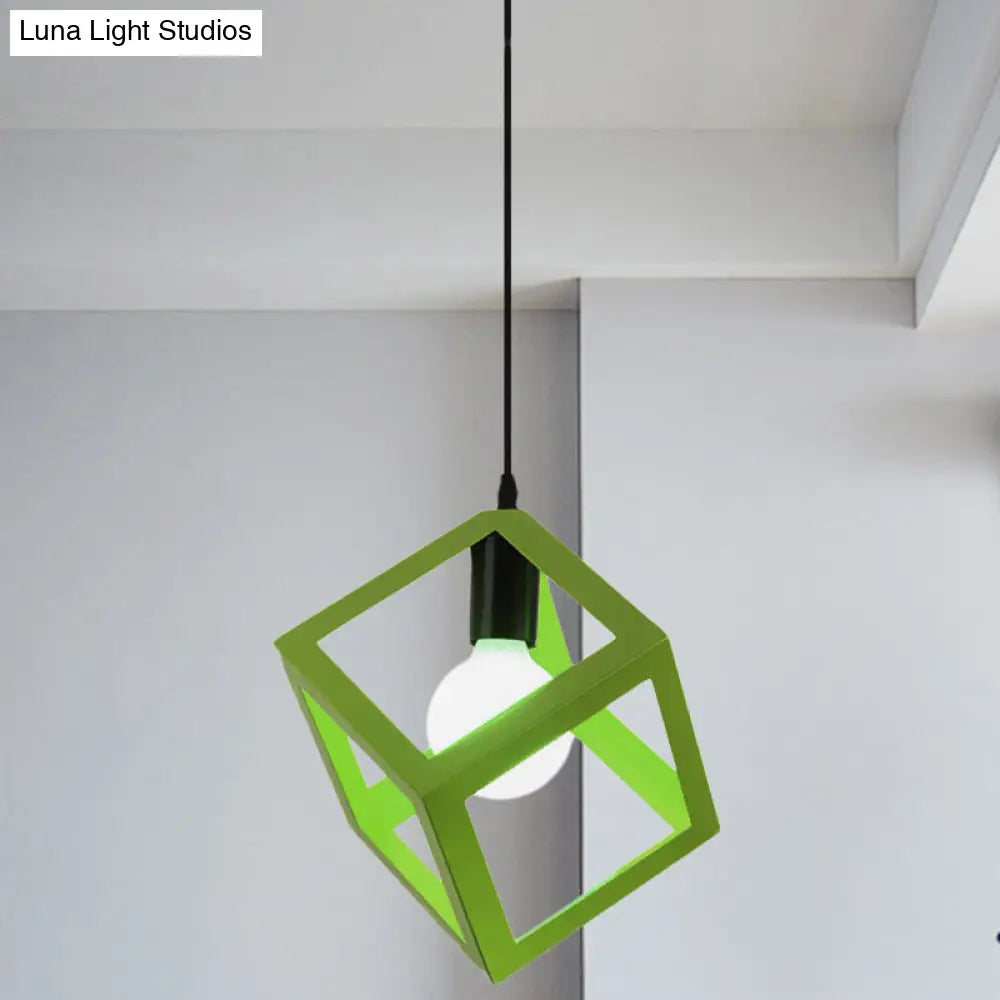 Loft Style 1-Light Hanging Lamp With Cubic Metal Cage Shade - Red/Blue/Green Pendant For Dining Room