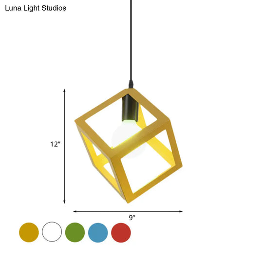 Loft Style 1-Light Hanging Lamp With Cubic Metal Cage Shade - Red/Blue/Green Pendant For Dining Room