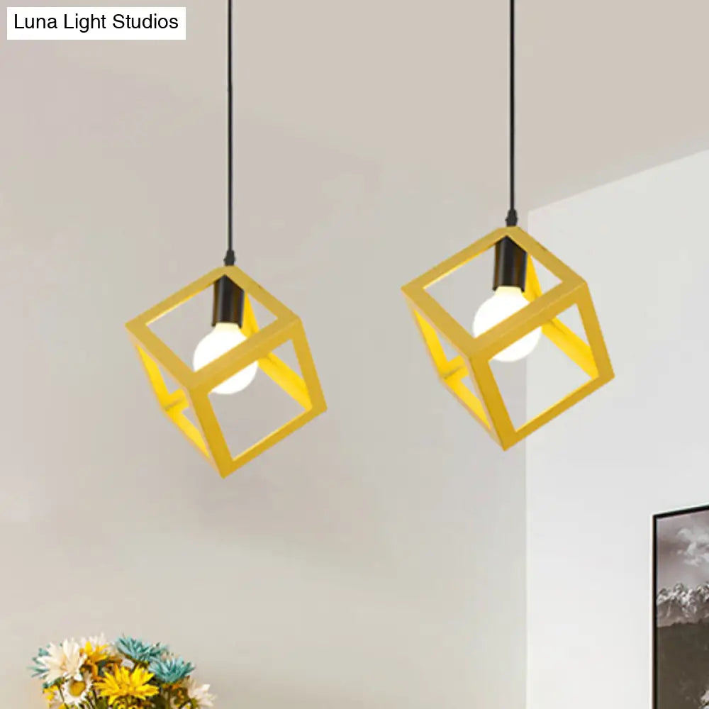 Loft Style Cubic Cage Pendant Light With Colorful Shades For Dining Room