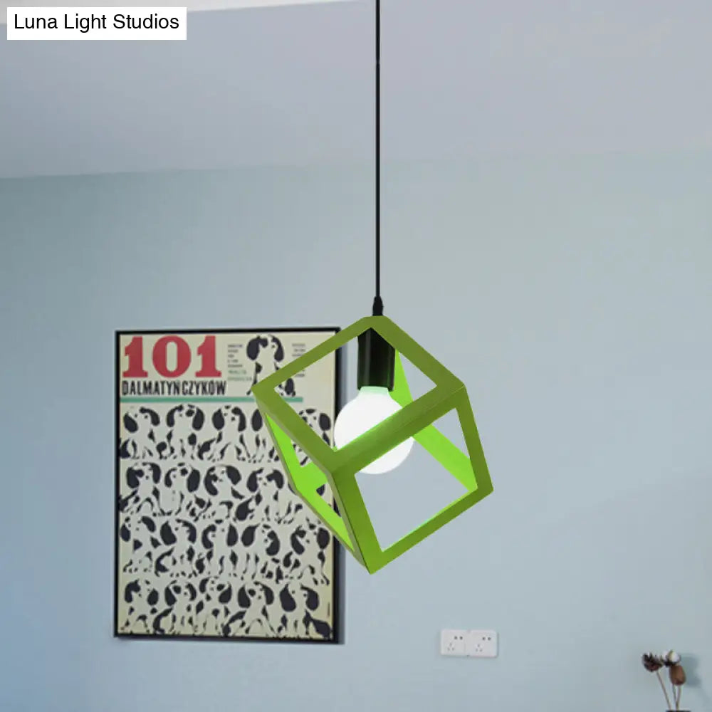 Loft Style 1-Light Hanging Lamp With Cubic Metal Cage Shade - Red/Blue/Green Pendant For Dining Room