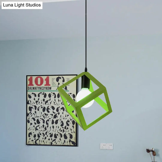 Loft Style 1-Light Hanging Lamp With Cubic Metal Cage Shade - Red/Blue/Green Pendant For Dining Room