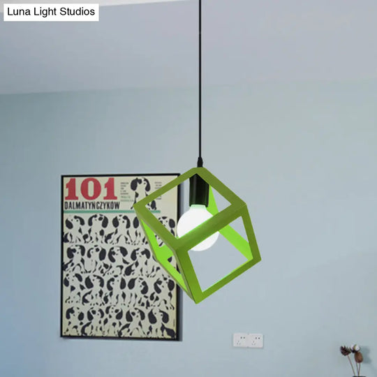 Loft Style Cubic Cage Pendant Light With Colorful Shades For Dining Room