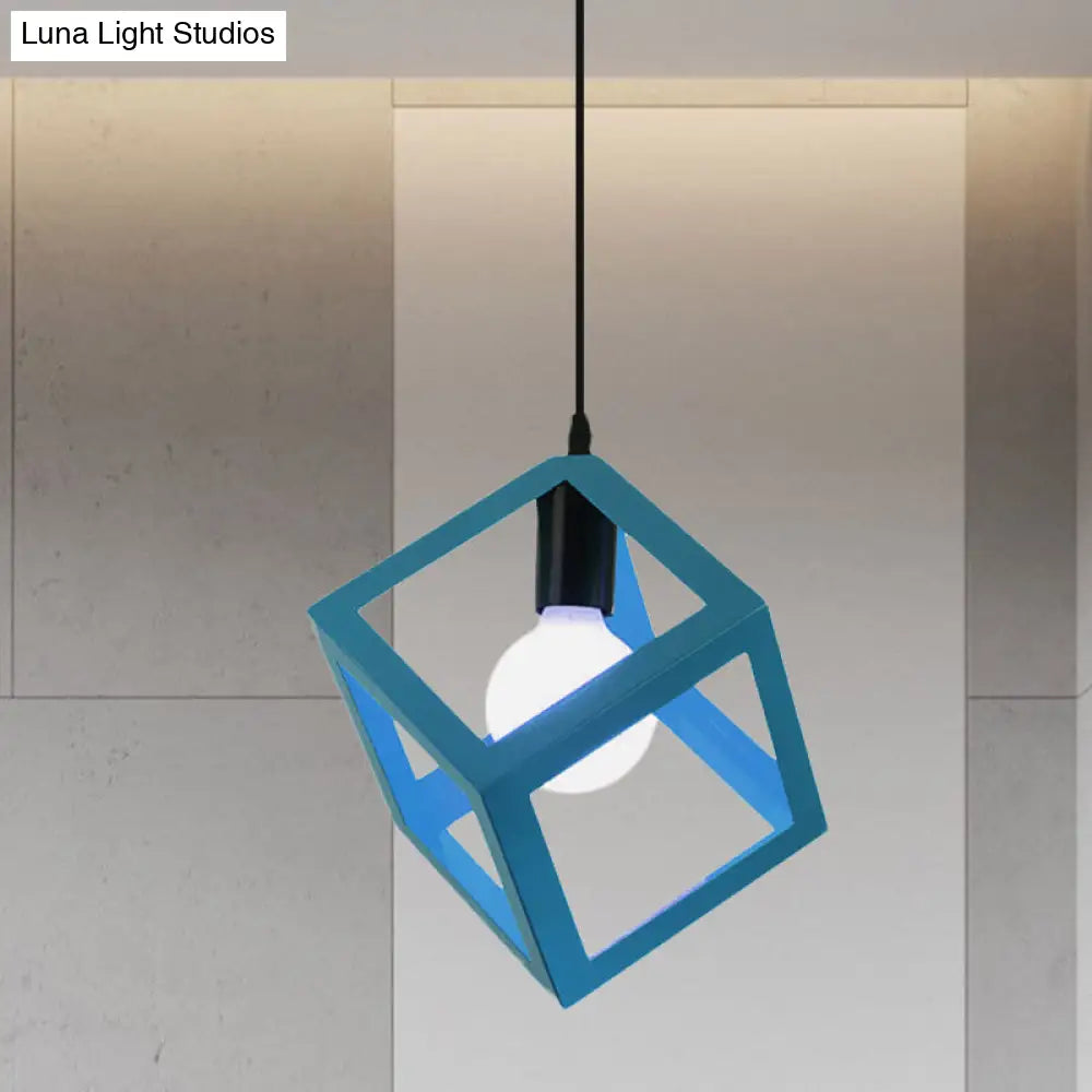 Loft Style 1-Light Hanging Lamp With Cubic Metal Cage Shade - Red/Blue/Green Pendant For Dining Room