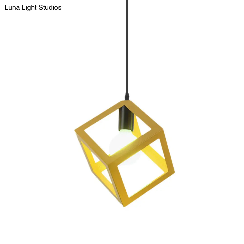 Loft Style Cubic Cage Pendant Light With Colorful Shades For Dining Room