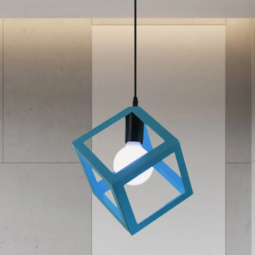 Loft Style Cubic Cage Pendant Light With Colorful Shades For Dining Room Blue