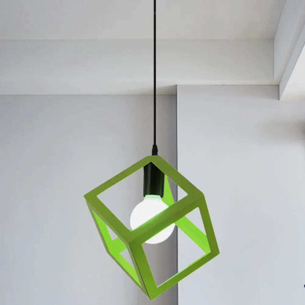 Loft Style Cubic Cage Pendant Light With Colorful Shades For Dining Room Green