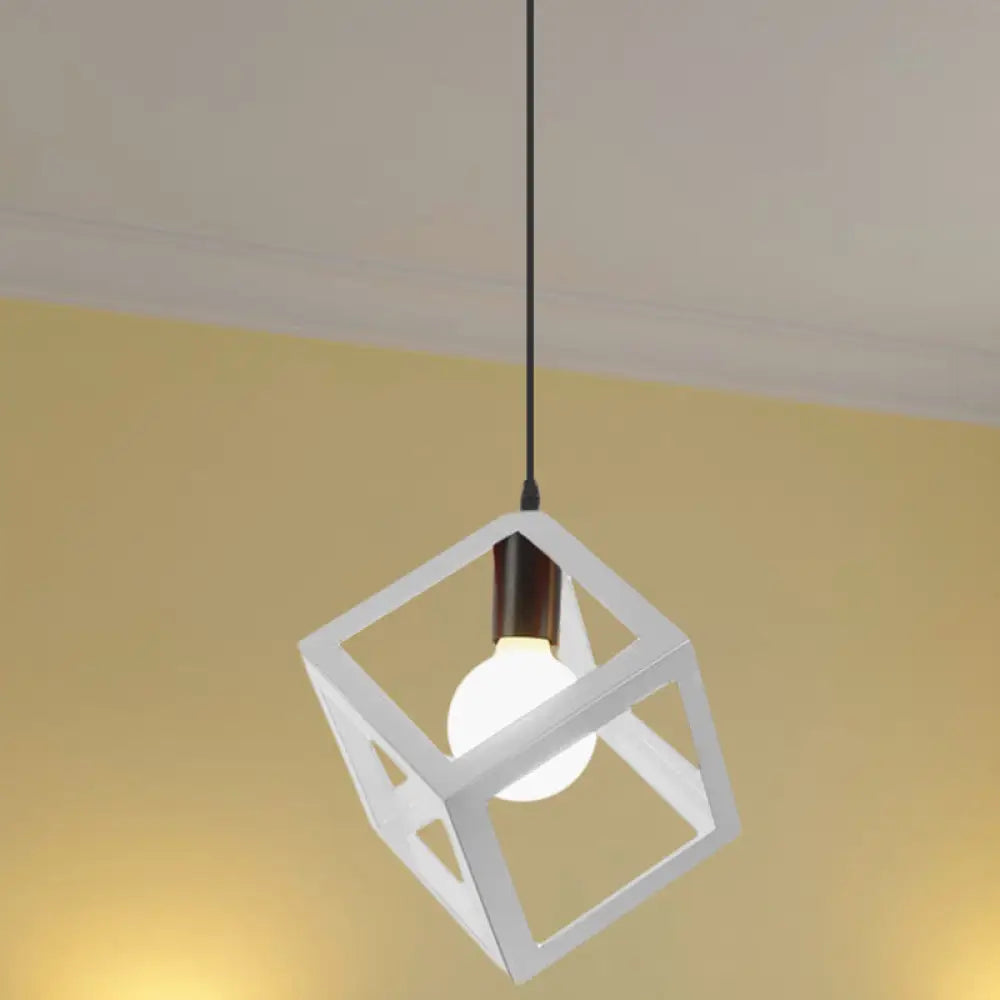 Loft Style Cubic Cage Pendant Light With Colorful Shades For Dining Room White