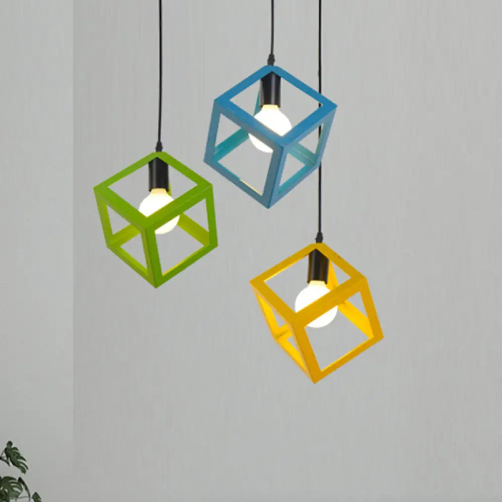 Loft Style Cubic Cage Pendant Light With Colorful Shades For Dining Room Yellow