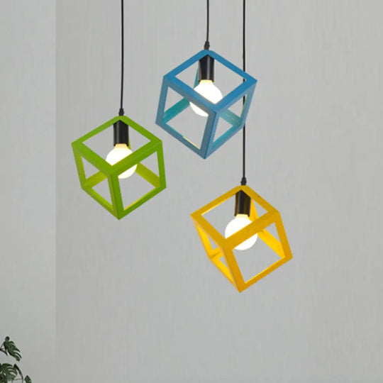 Loft Style Cubic Cage Pendant Light With Colorful Shades For Dining Room Yellow