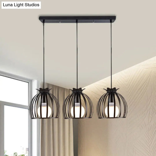 1 Industrial Loft Dome Cage Pendant Light In Black/White For Living Room Black / Linear