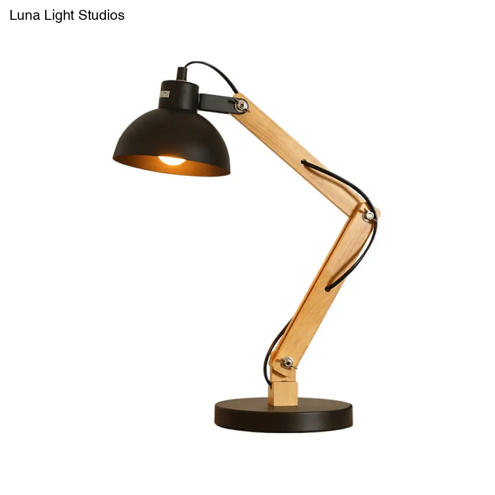 Loft Style Domed Desk Lamp - Metal With Wood Arm Adjustable Black/White 1-Light Reading Light For