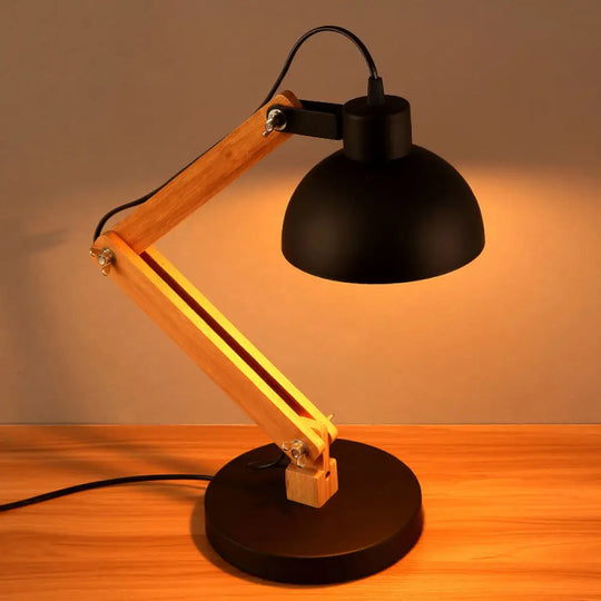 Loft Style Domed Desk Lamp - Metal With Wood Arm Adjustable Black/White 1-Light Reading Light For