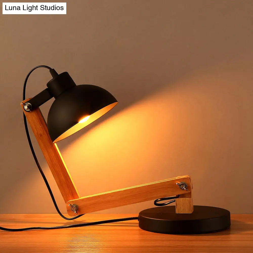 Loft Style Domed Desk Lamp - Metal With Wood Arm Adjustable Black/White 1-Light Reading Light For