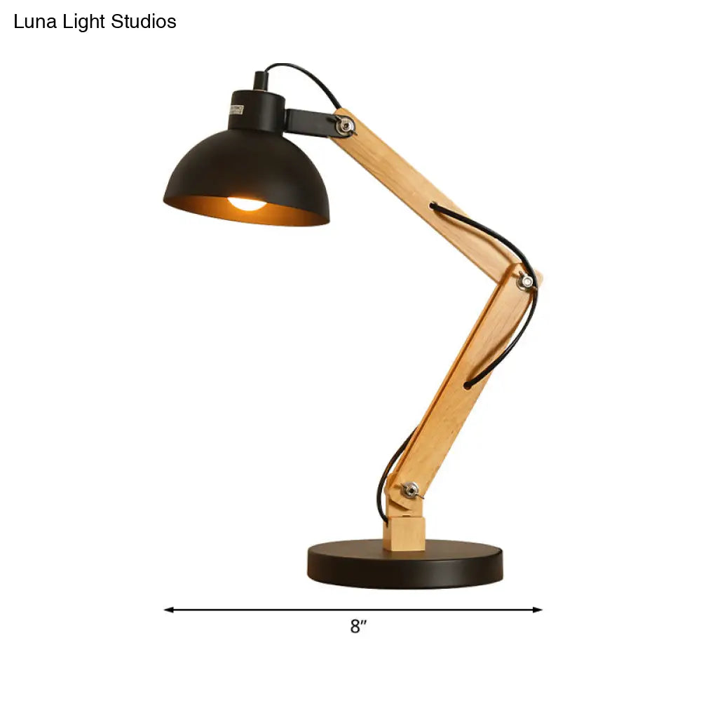 Loft Style Domed Desk Lamp - Metal With Wood Arm Adjustable Black/White 1-Light Reading Light For