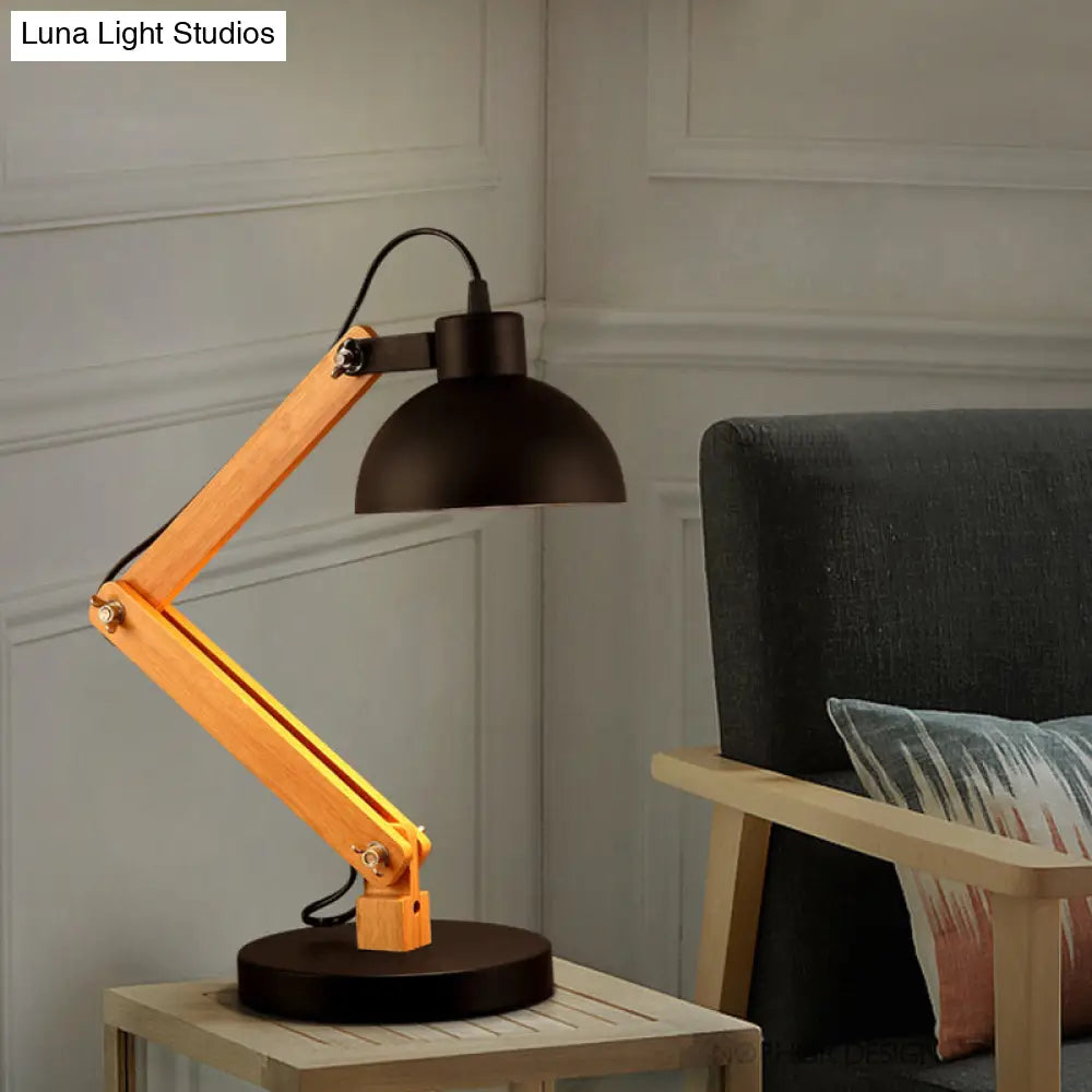 Loft Style Domed Desk Lamp - Metal With Wood Arm Adjustable Black/White 1-Light Reading Light For