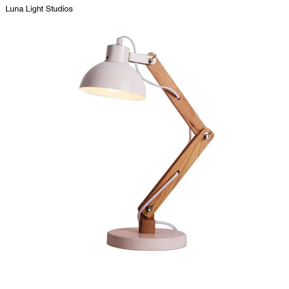 Loft Style Domed Desk Lamp - Metal With Wood Arm Adjustable Black/White 1-Light Reading Light For