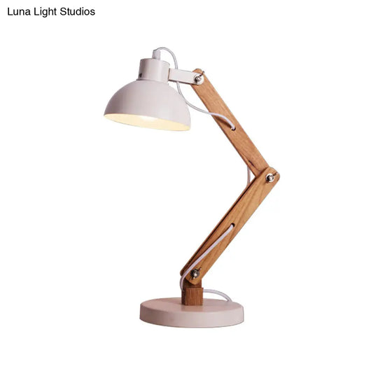 Loft Style Domed Desk Lamp - Metal With Wood Arm Adjustable Black/White 1-Light Reading Light For