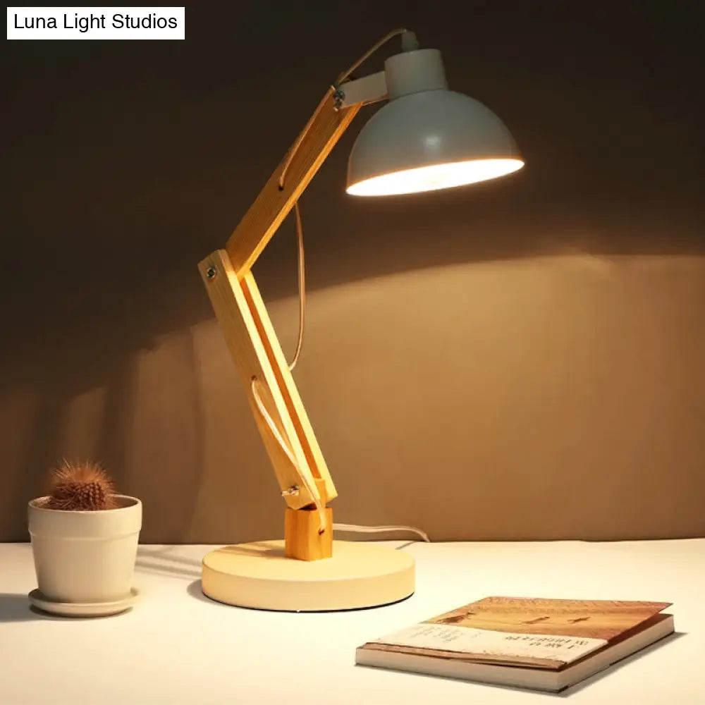 Loft Style Domed Desk Lamp - Metal With Wood Arm Adjustable Black/White 1-Light Reading Light For