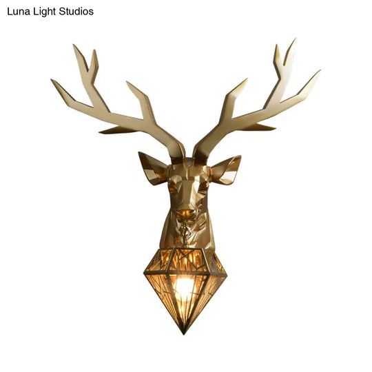 Loft Style Elk Resin Wall Lamp With Diamond Cage Shade - Black/White/Gold Sconce Light 14.5/19.5 W