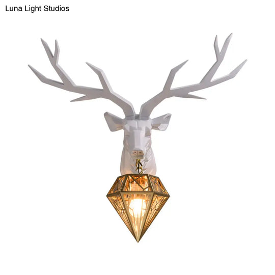 Loft Style Elk Resin Wall Lamp With Diamond Cage Shade - Black/White/Gold Sconce Light 14.5/19.5 W