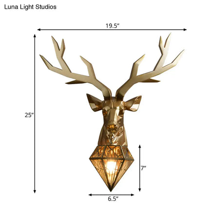 Loft Style Elk Resin Wall Lamp With Diamond Cage Shade - Black/White/Gold Sconce Light 14.5/19.5 W