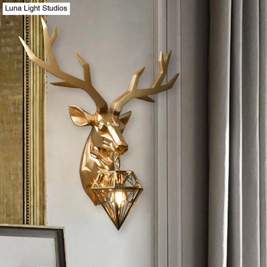 Loft Style Elk Resin Wall Lamp With Diamond Cage Shade - Black/White/Gold Sconce Light 14.5/19.5 W