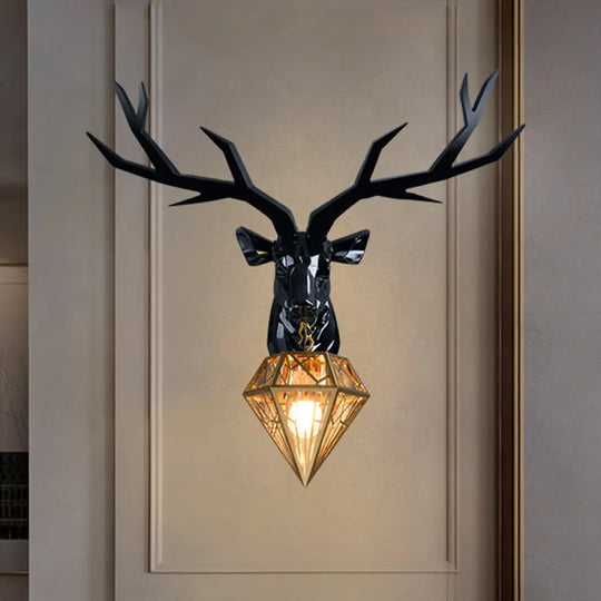 Loft Style Elk Resin Wall Lamp With Diamond Cage Shade - Black/White/Gold Sconce Light 14.5/19.5 W