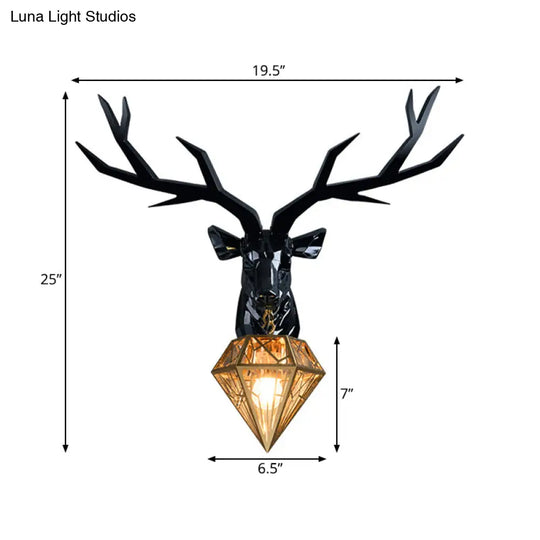 Loft Style Elk Resin Wall Lamp With Diamond Cage Shade - Black/White/Gold Sconce Light 14.5/19.5 W