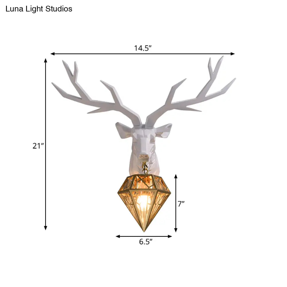 Loft Style Elk Resin Wall Lamp With Diamond Cage Shade - Black/White/Gold Sconce Light 14.5/19.5 W