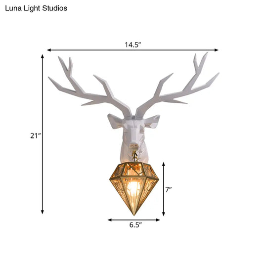 Loft Style Elk Resin Wall Lamp With Diamond Cage Shade - Black/White/Gold Sconce Light 14.5/19.5 W