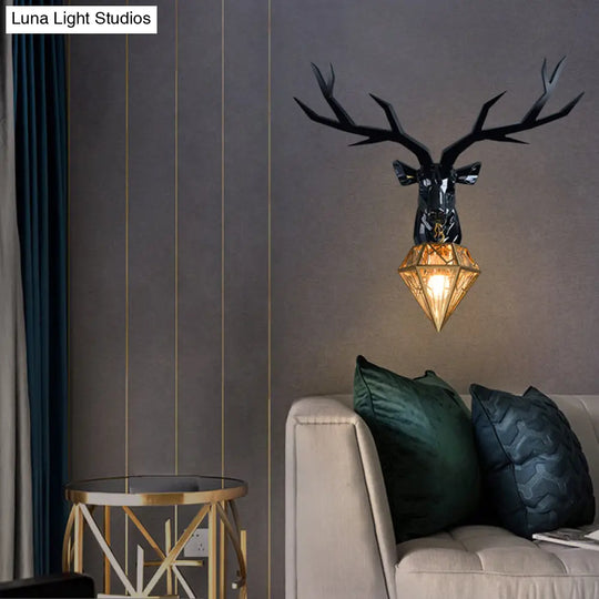 Loft Style Elk Resin Wall Lamp With Diamond Cage Shade - Black/White/Gold Sconce Light 14.5/19.5 W