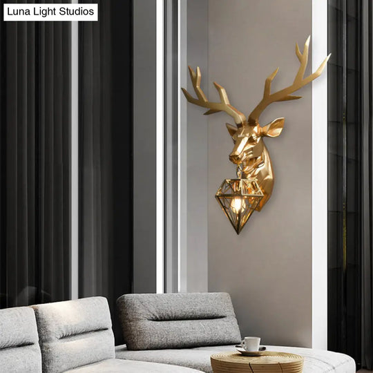 Loft Style Elk Resin Wall Lamp With Diamond Cage Shade - Black/White/Gold Sconce Light 14.5/19.5 W