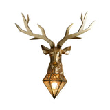 Loft Style Elk Resin Wall Lamp With Diamond Cage Shade - Black/White/Gold Sconce Light 14.5/19.5 W